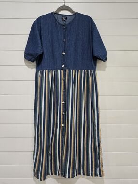 VTG Lillian Lorow Blue Denim Top w/ Multi-Stripe Skirt Dress SZ L Cottage Prarie